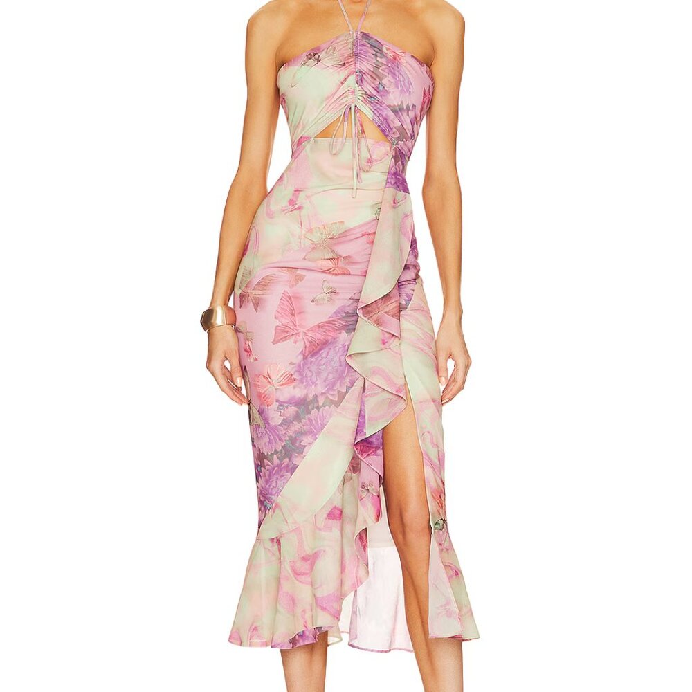 NBD Revolve Bellisima Multi Patchwork Floral Butterfly Cut Out Halter Dress XS
